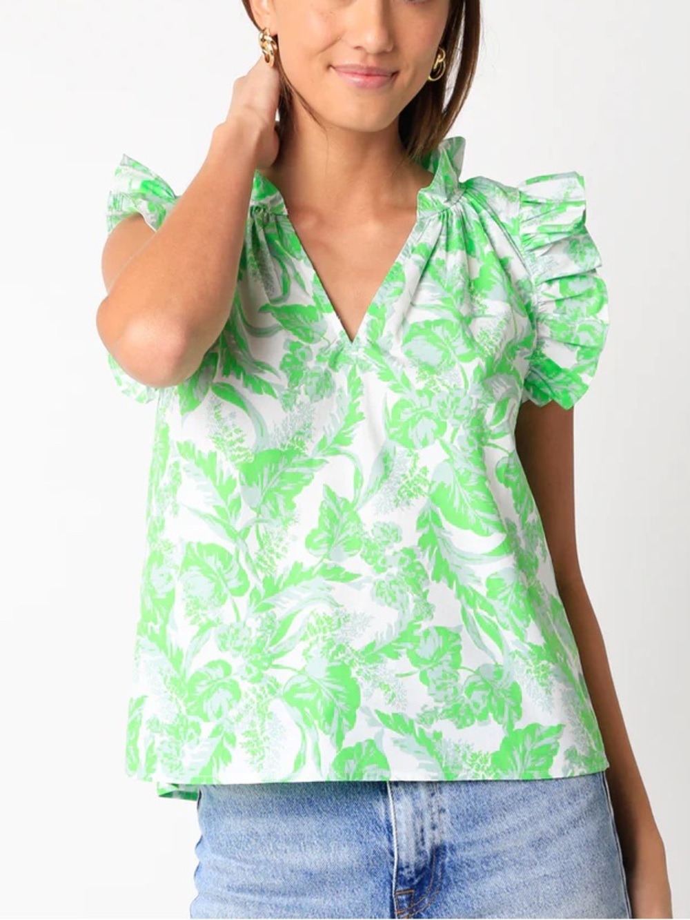 Olivaceous Green Floral 100% Cotton Ruffle Sleeve Vneck Blouse Top Size Large